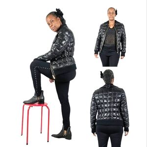 Rock & Republic Goose Down Lambskin Leather Studded Puffer Black Bomber …